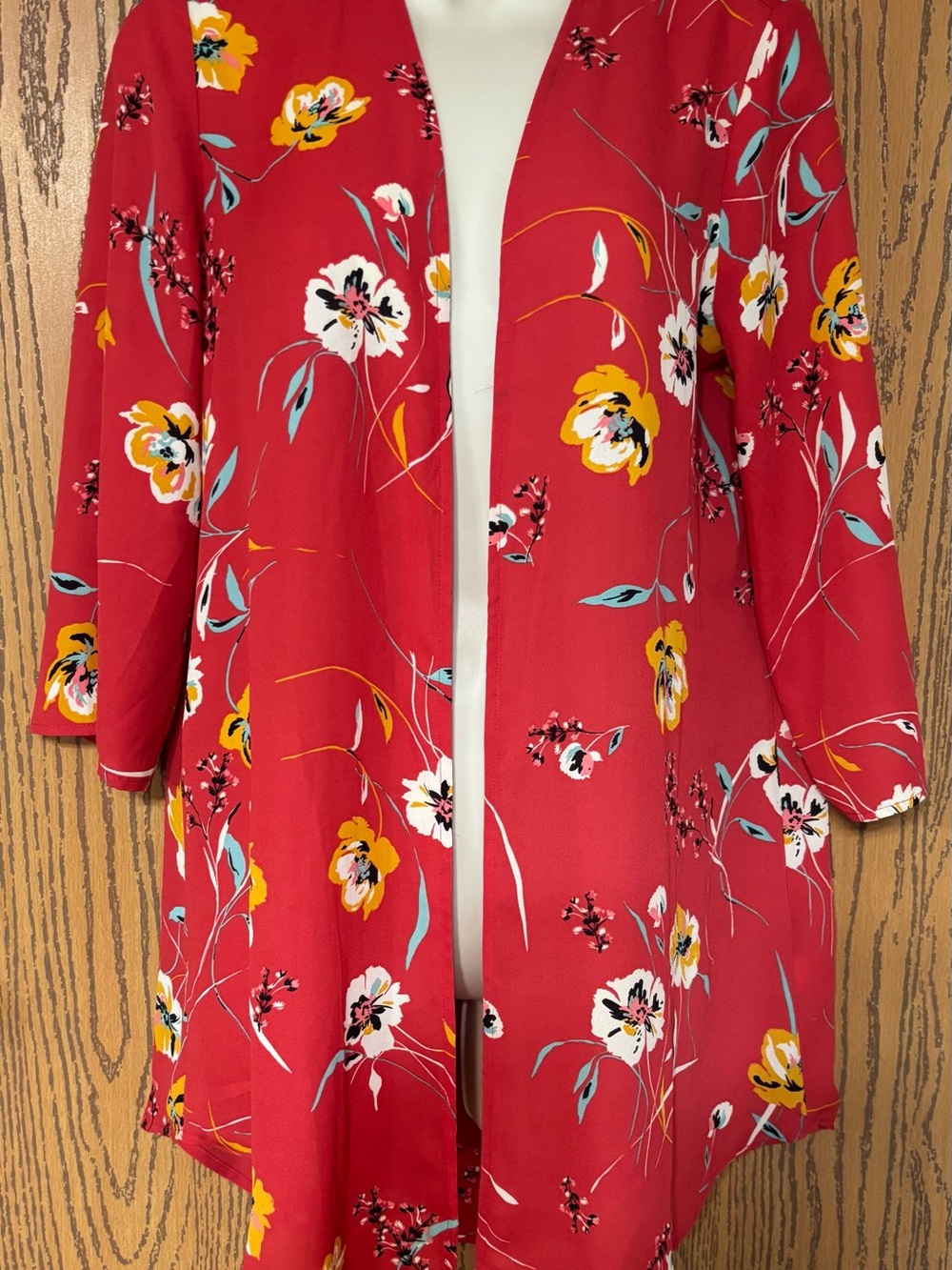 Maurices Red Floral Open-Front Kimono